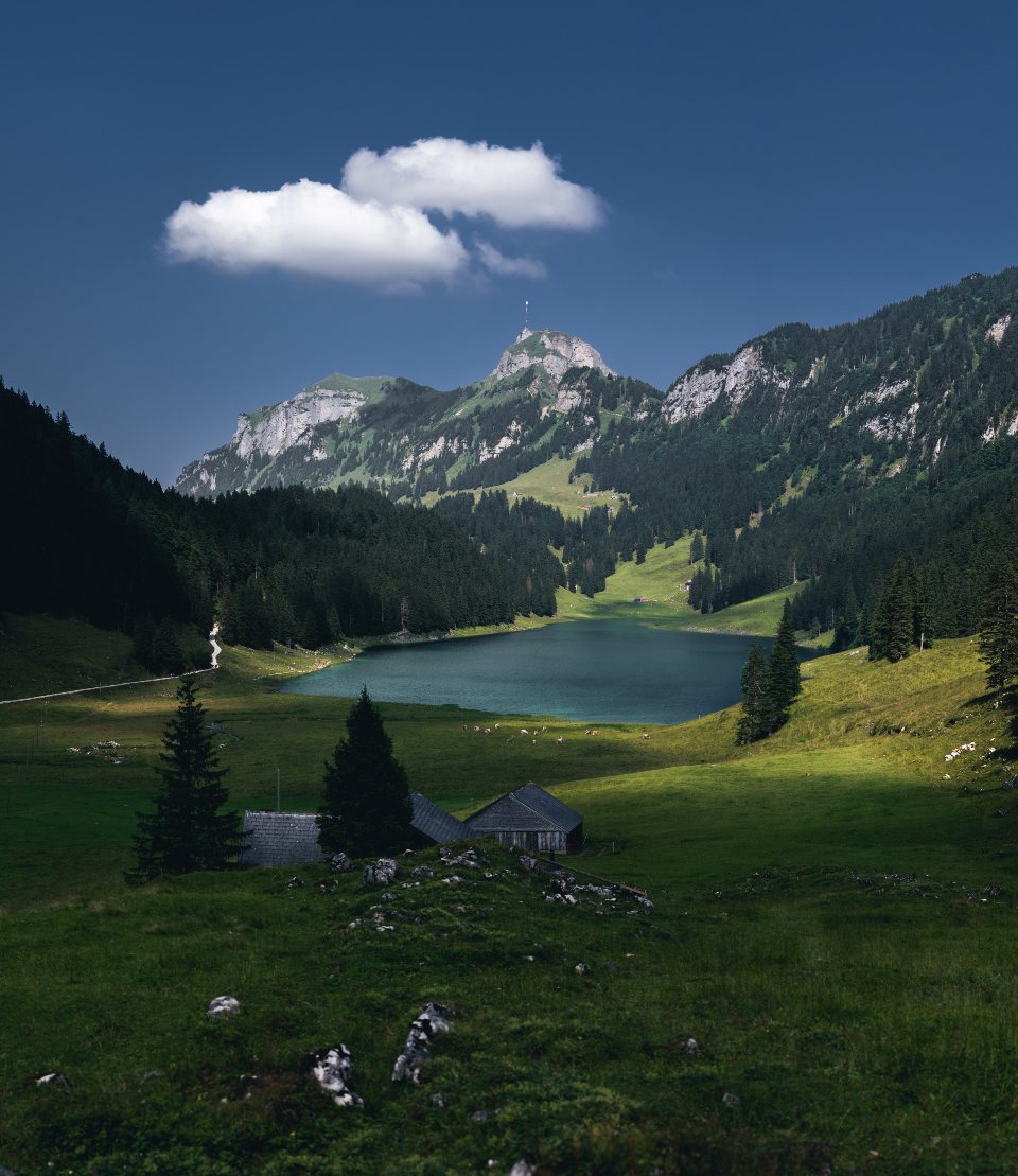 Mountain lake surrounded by green slopes and rocky peaks