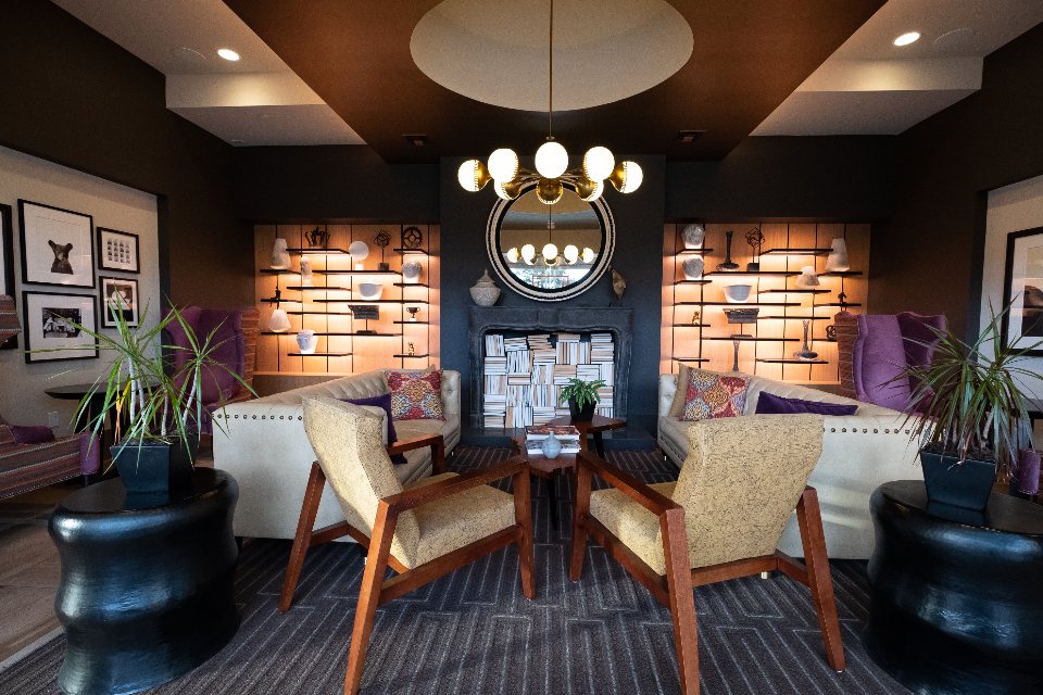 Warm furnished interior with chairs, shelves and pendant lights