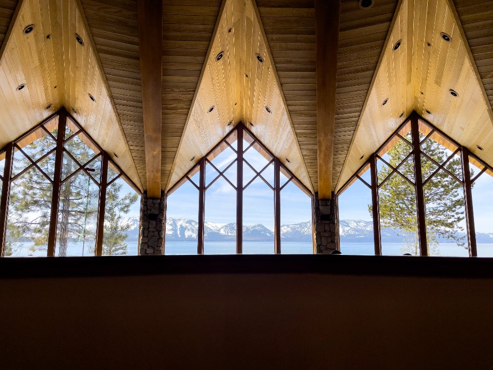 Repeating timber roof forms and tall windows overlooking trees